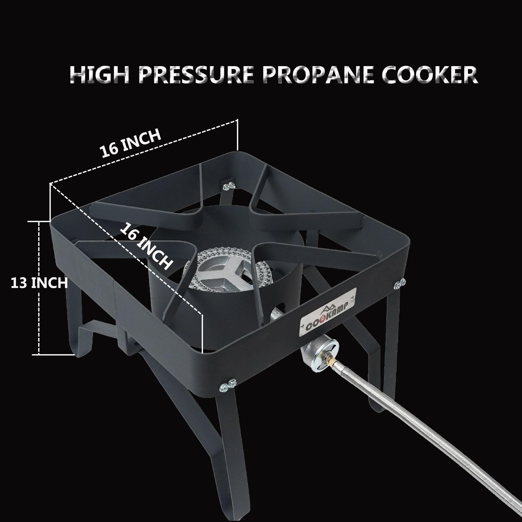 COOKAMP steel-braided hose and 0–20 PSI regulator connection for safe pressure control