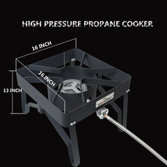 COOKAMP steel-braided hose and 0–20 PSI regulator connection for safe pressure control