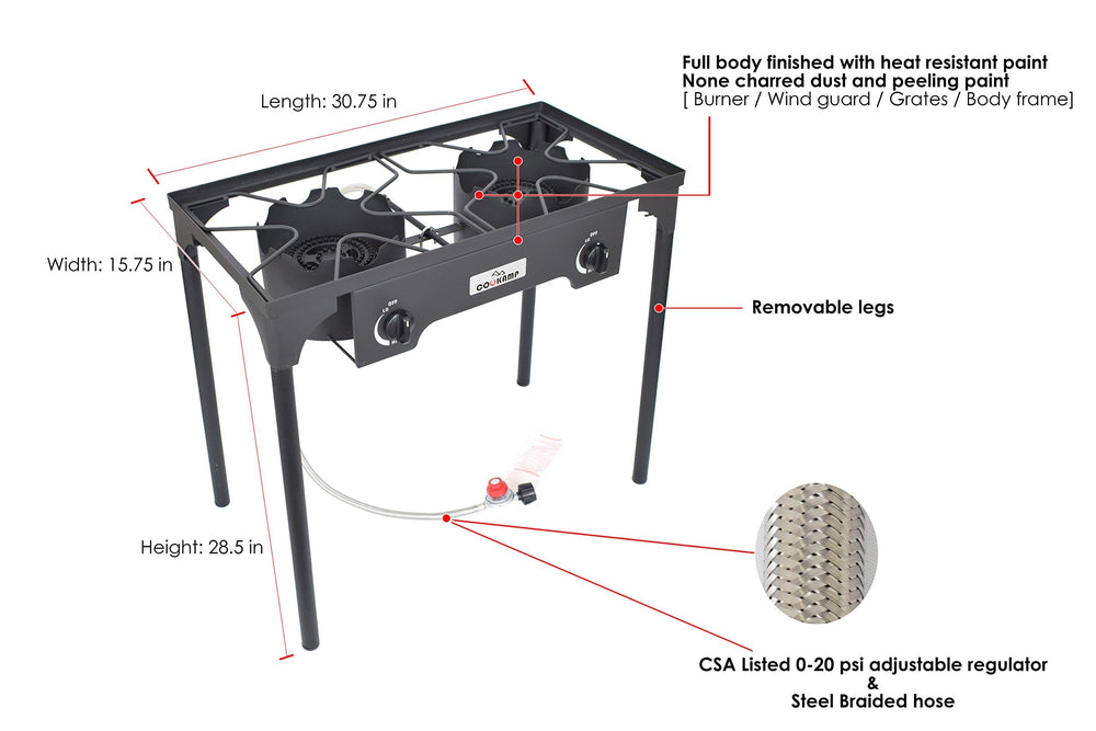 COOKAMP stove in outdoor use with griddle showing high BTU power for fast cooking benefit