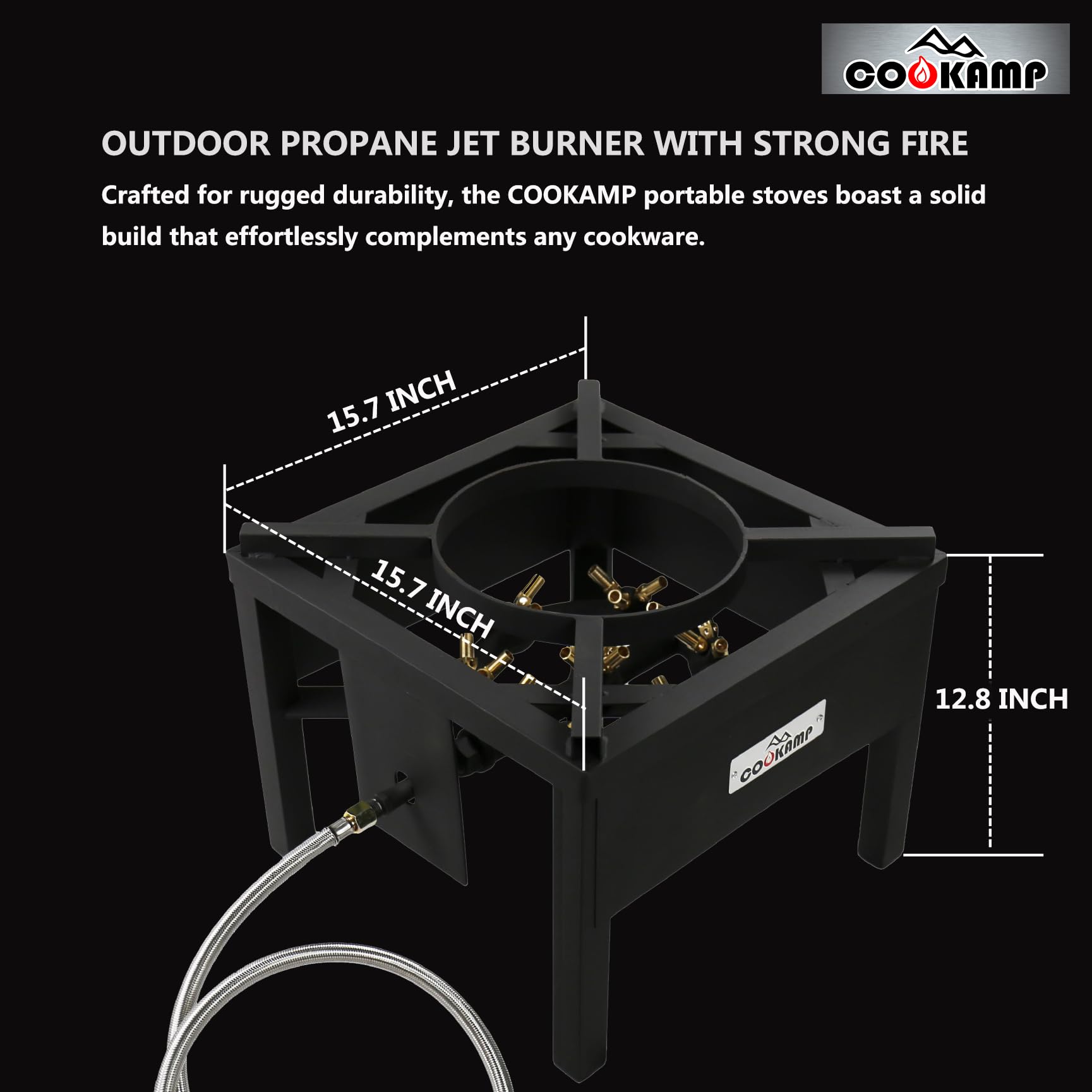 COOKAMP top cooktop detail highlighting 16-inch stamped steel supports for heavy pots