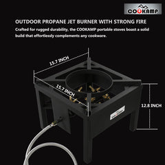 COOKAMP top cooktop detail highlighting 16-inch stamped steel supports for heavy pots