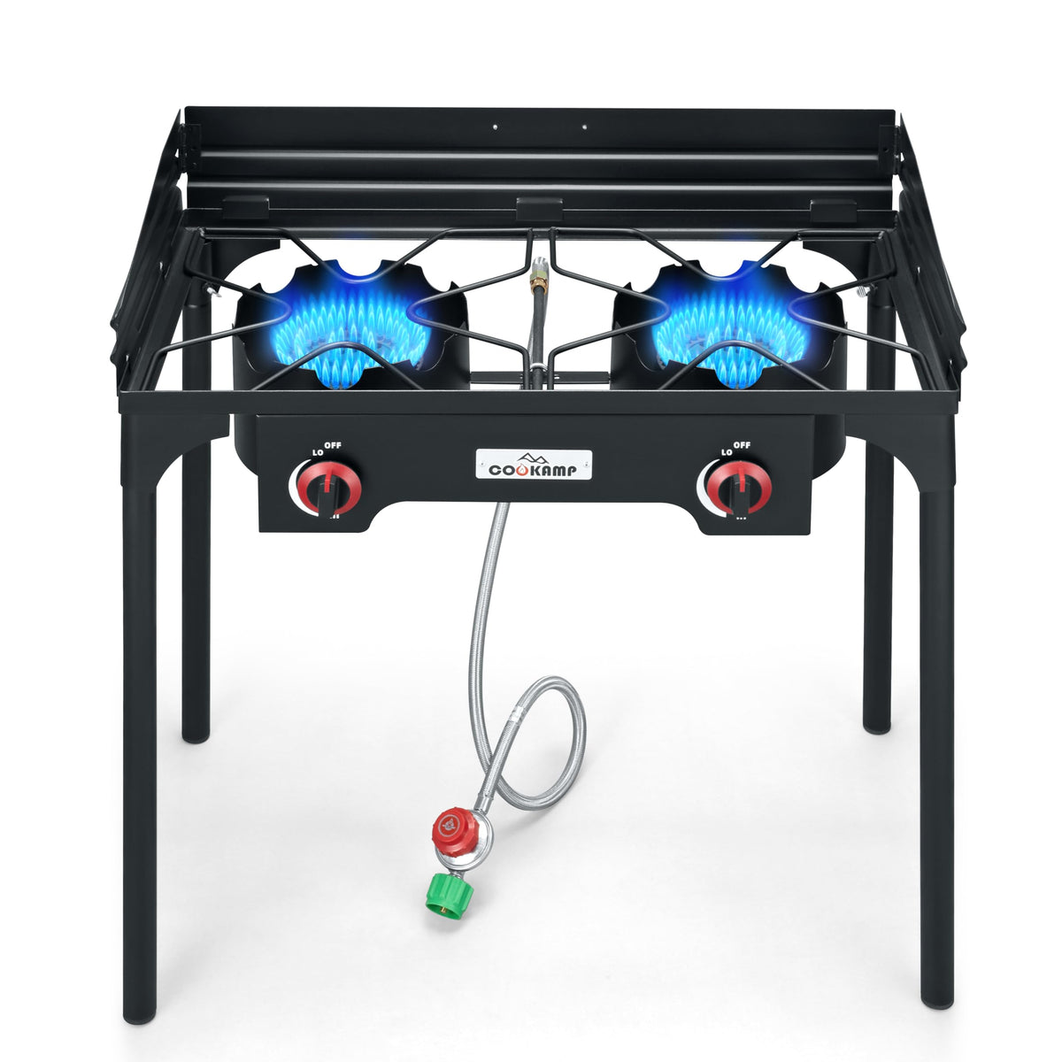 COOKAMP front view of two-burner stove showing sturdy frame and grates, durable cooking