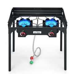 COOKAMP front view of two-burner stove showing sturdy frame and grates, durable cooking