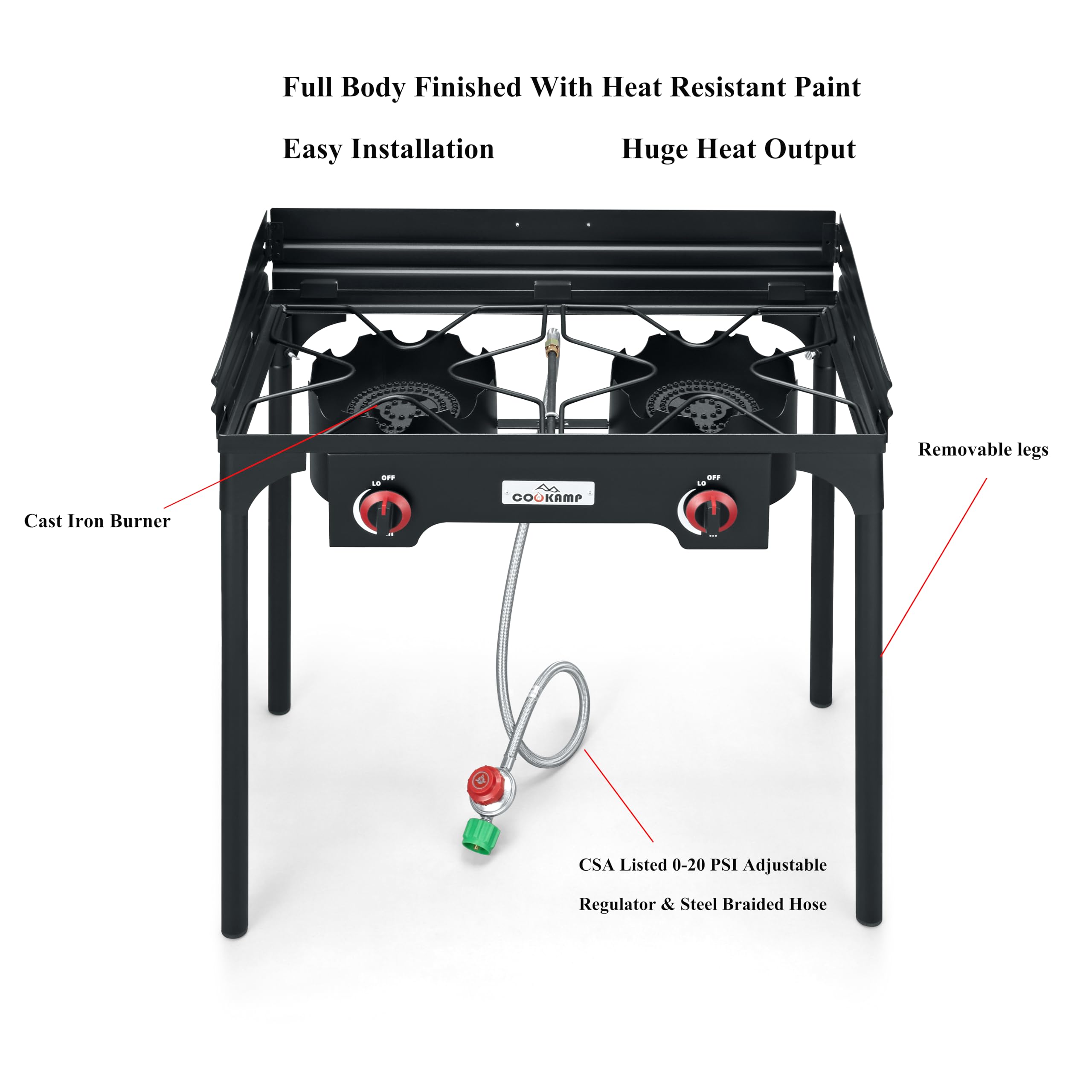 COOKAMP windscreen and adjustable regulator with braided hose for safer fuel control