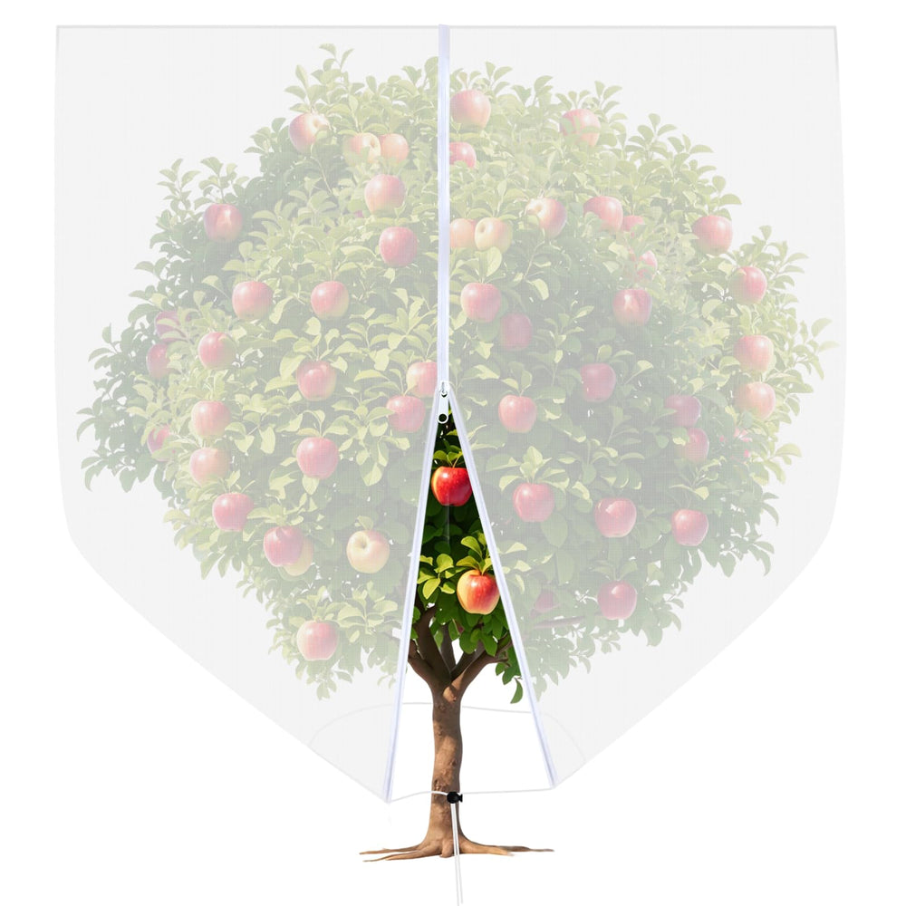 Cookmaster front view of 10x10ft netting protecting a fruit tree, clear protection