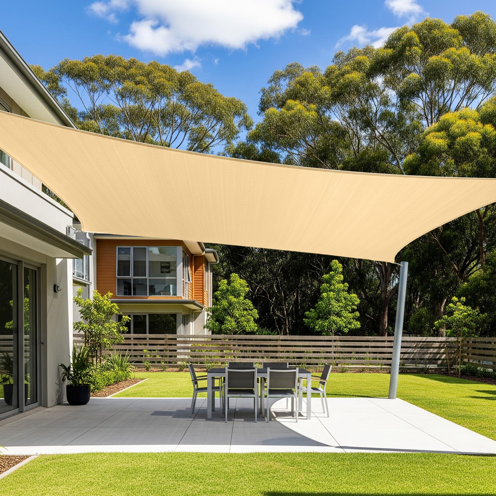 Cool Area front view of 12x16ft sand shade sail showing full coverage benefit