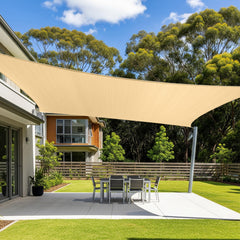 Cool Area front view of 12x16ft sand shade sail showing full coverage benefit