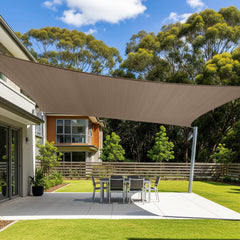 Cool Area front view of brown 10x20ft sail providing broad shade