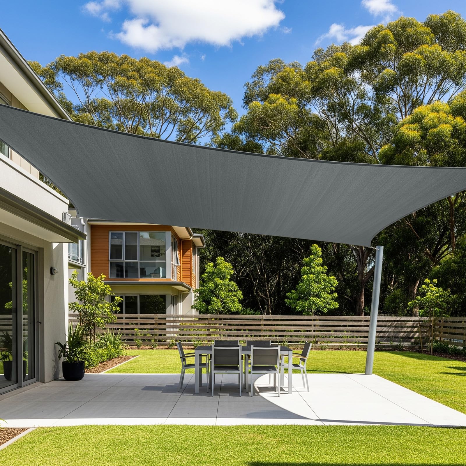 Cool Area front view of rectangular shade sail showing seamless fabric and coverage benefit