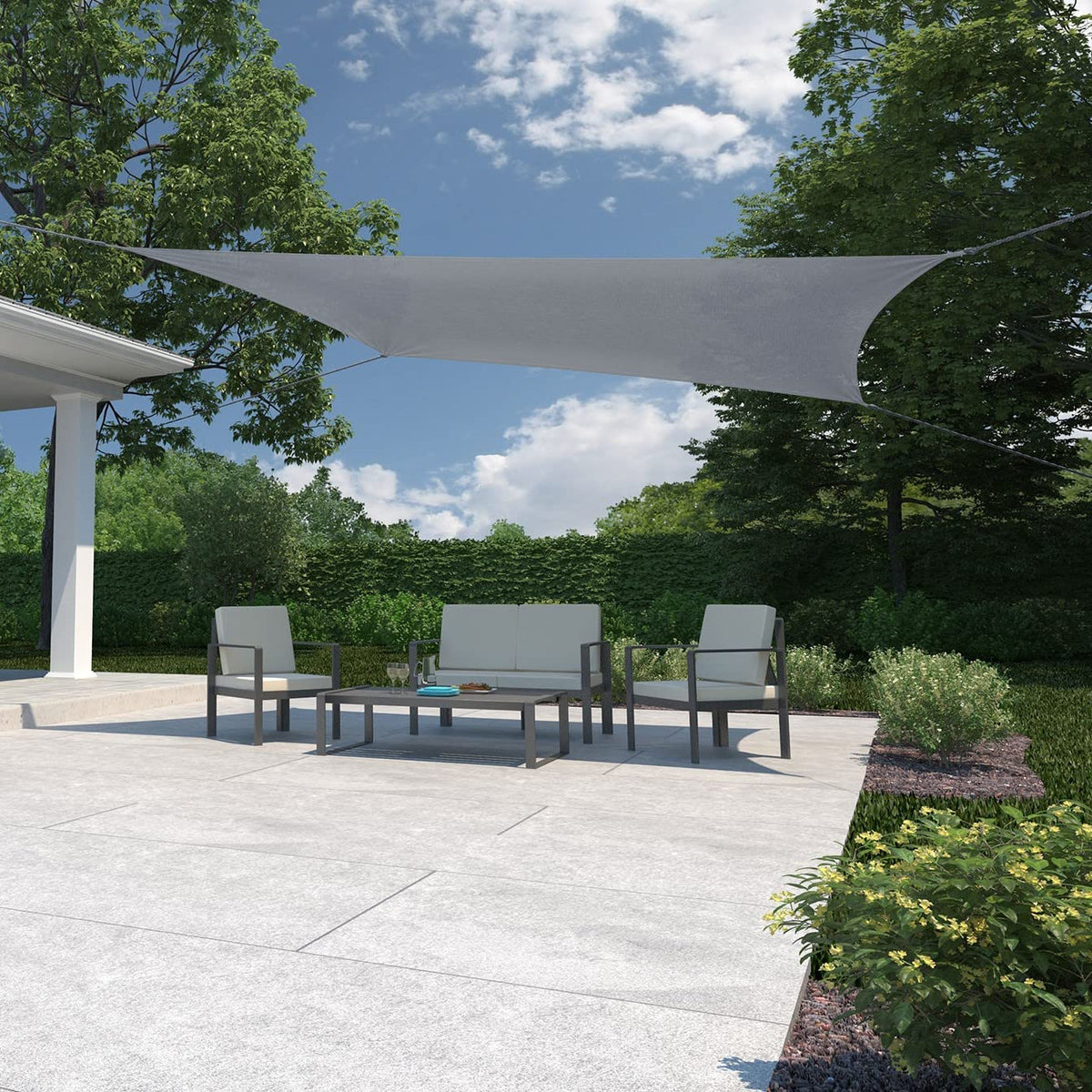 Coolaroo front view of ready-to-hang shade sail showing shape and color, durable protection
