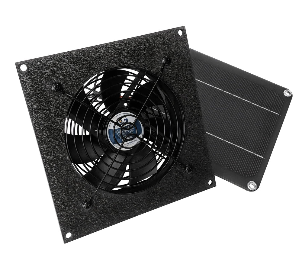 coolerguys front panel view showing fan and solar panel, durable outdoor ventilation
