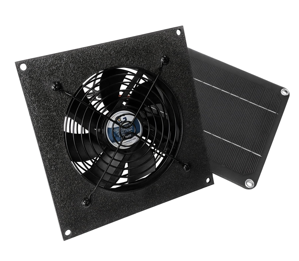 coolerguys front panel view showing fan and solar panel, durable outdoor ventilation