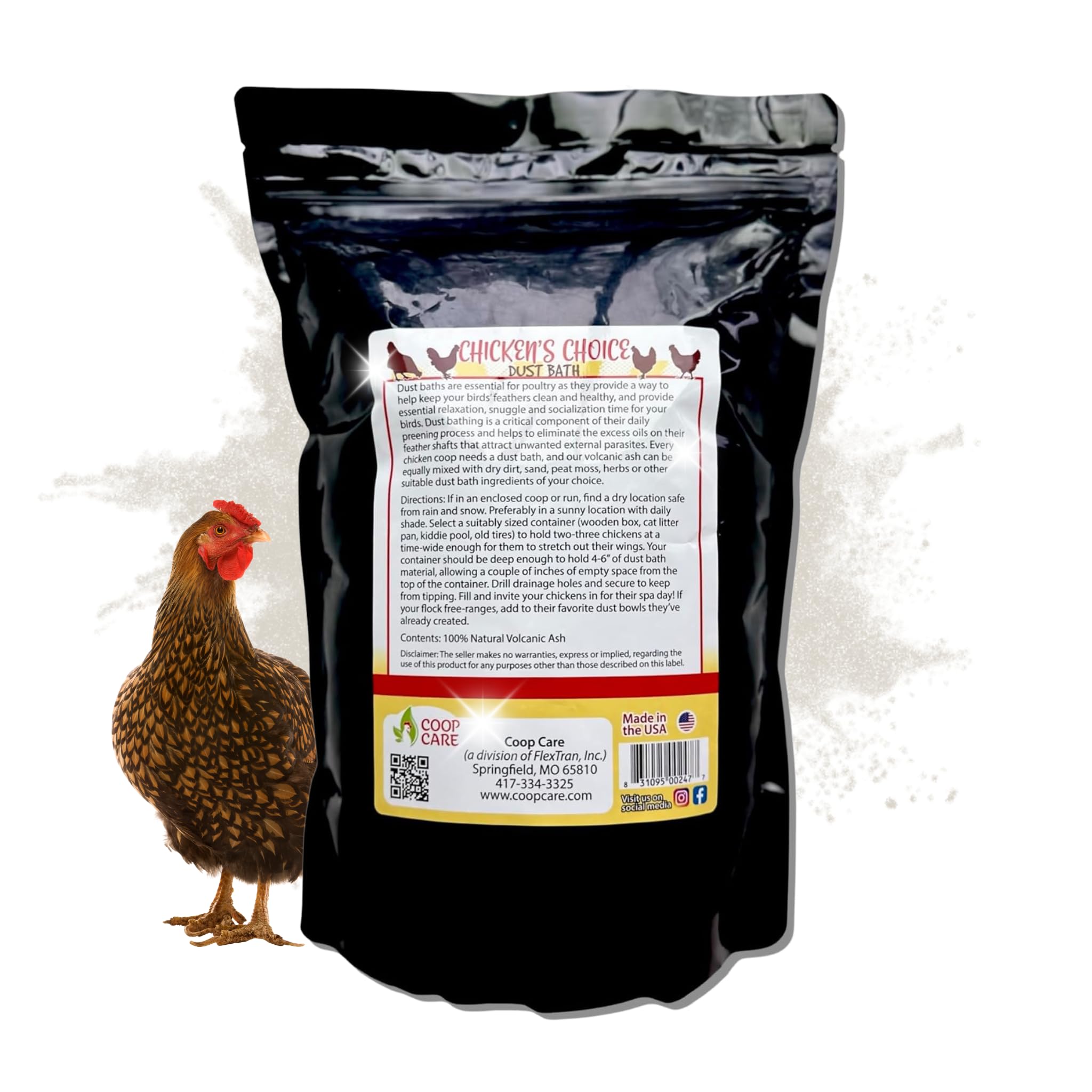 Backyard coop scene with Coop Care dust bath highlighting practical lifestyle use.