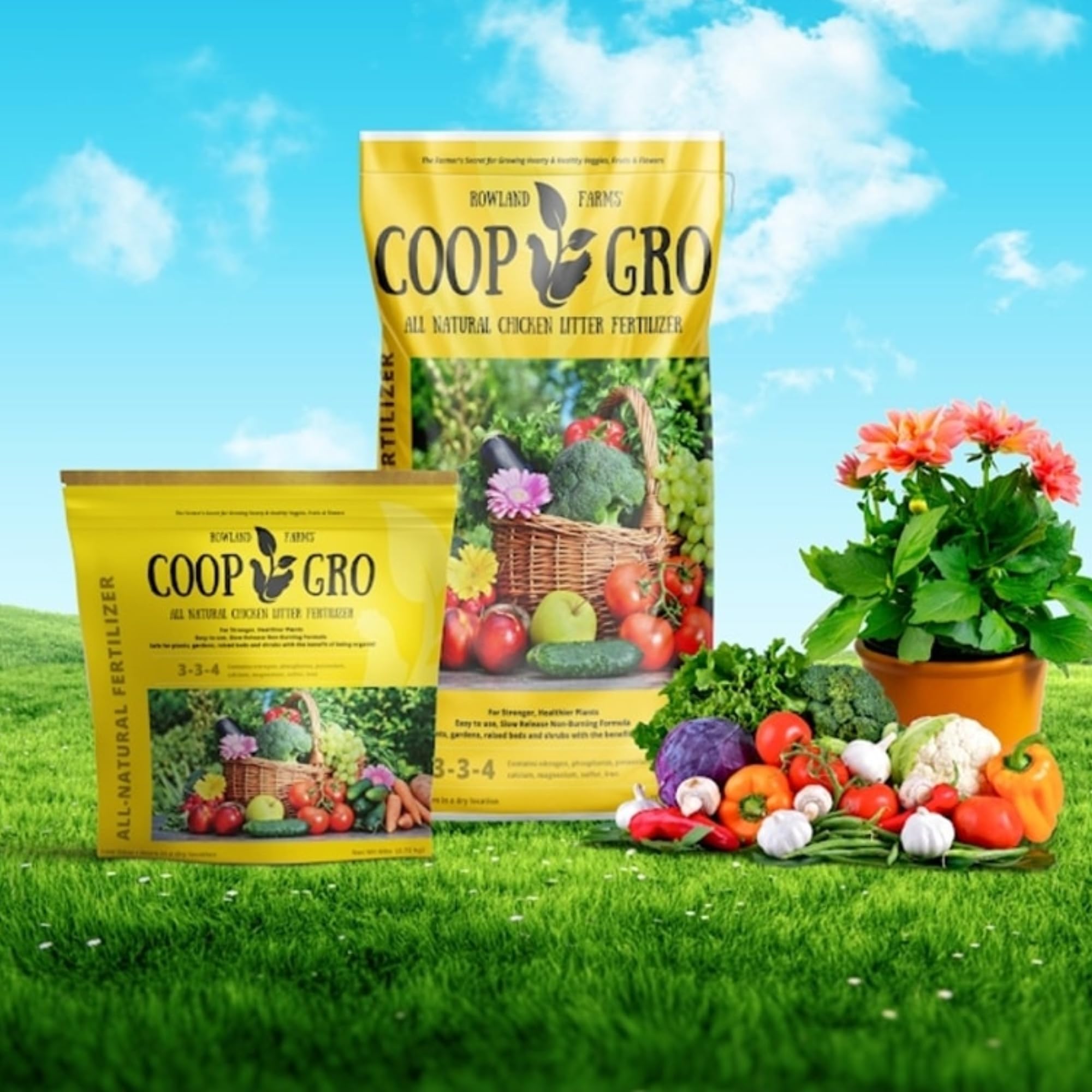 COOP GRO bag with nutrition label showing 3-3-4 NPK and usage coverage