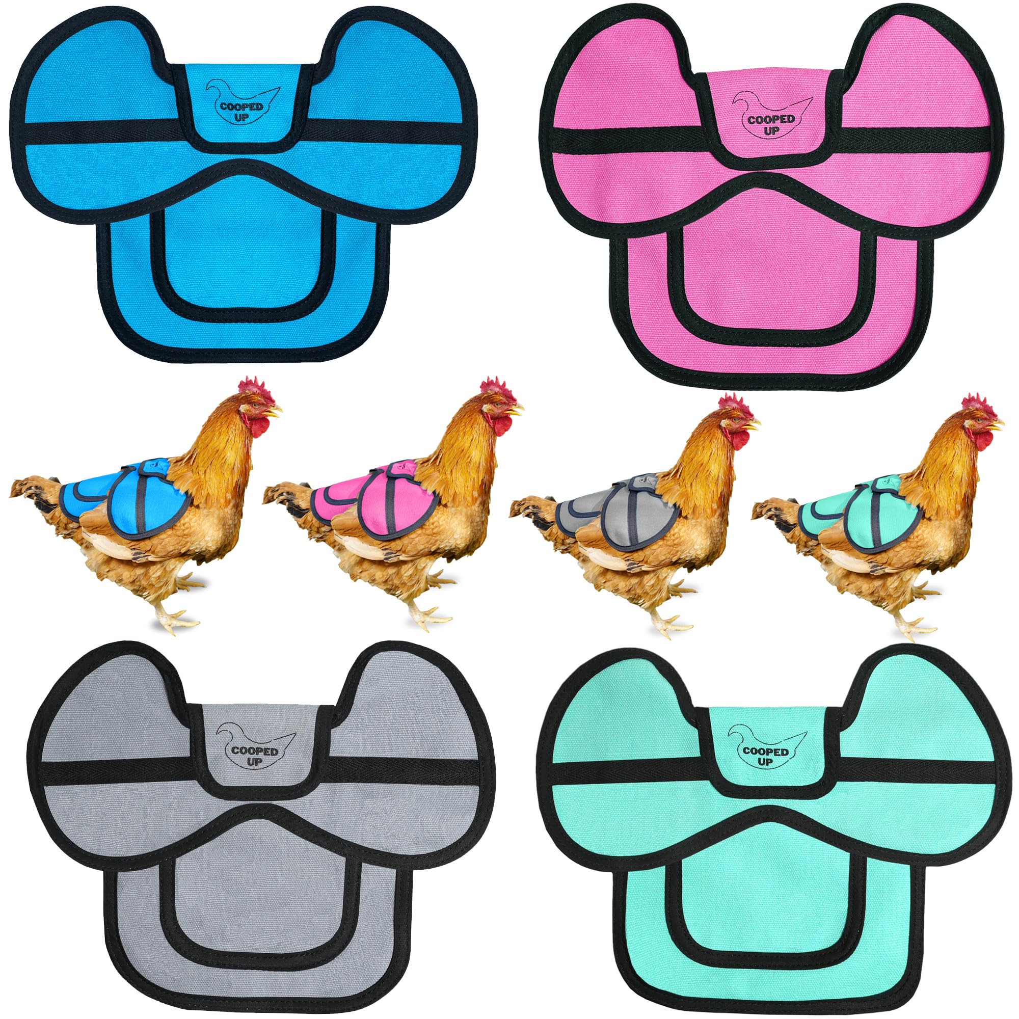 COOPED UP four-pack front view showing colors and packaging, protects hens efficiently