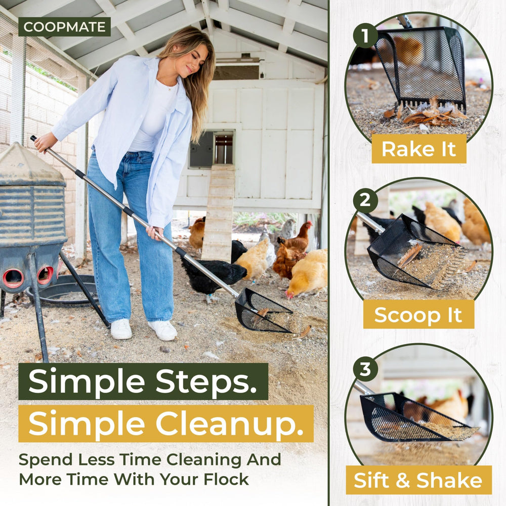 CoopMate rake tines detail for gathering debris and loosening bedding