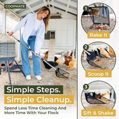 CoopMate rake tines detail for gathering debris and loosening bedding