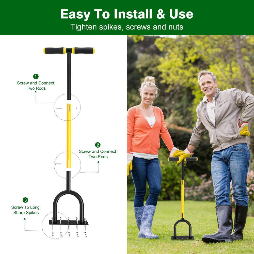 Coopvivi aerator being pushed across lawn to encourage healthier root growth