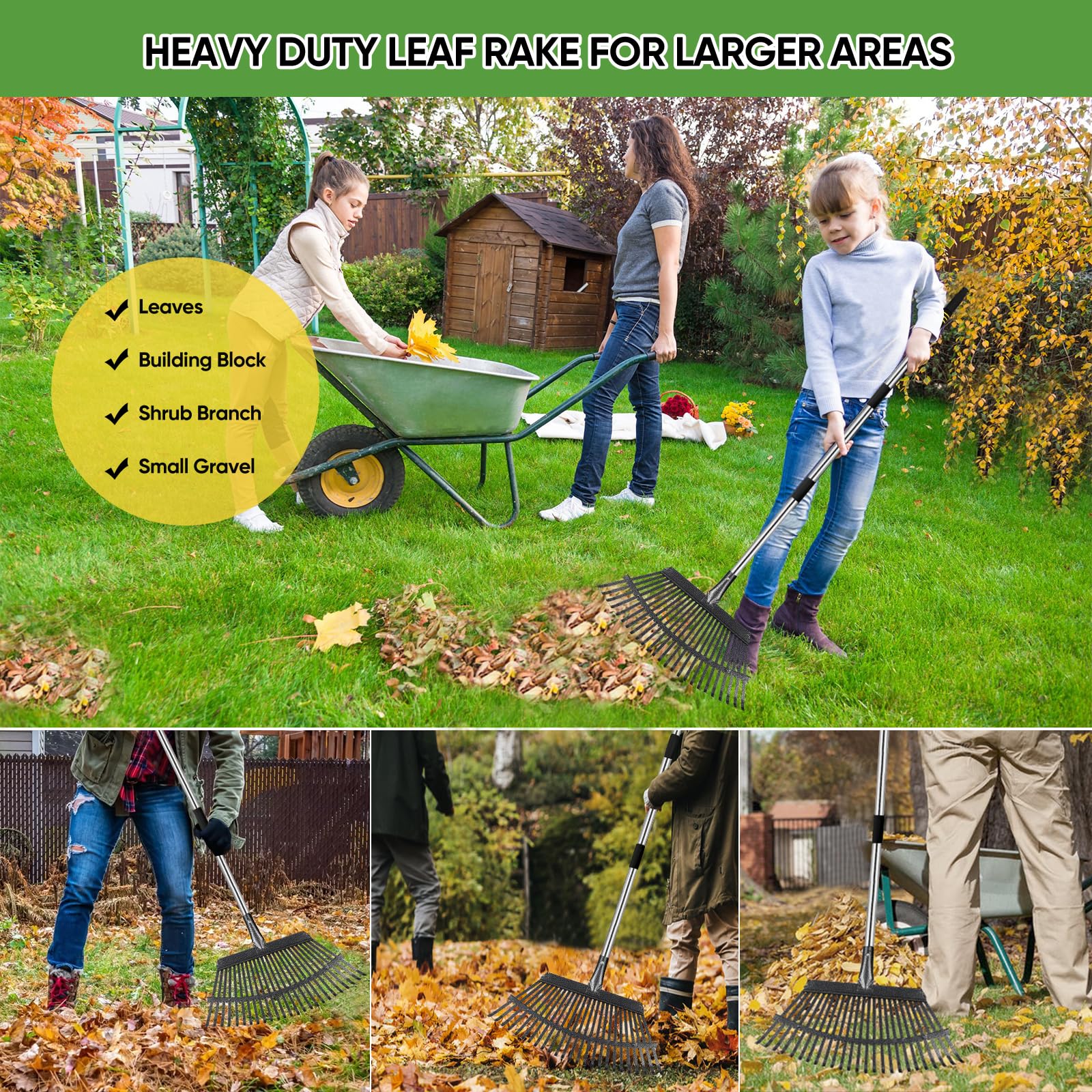 Coopvivi rake in use gathering leaves to speed yard work