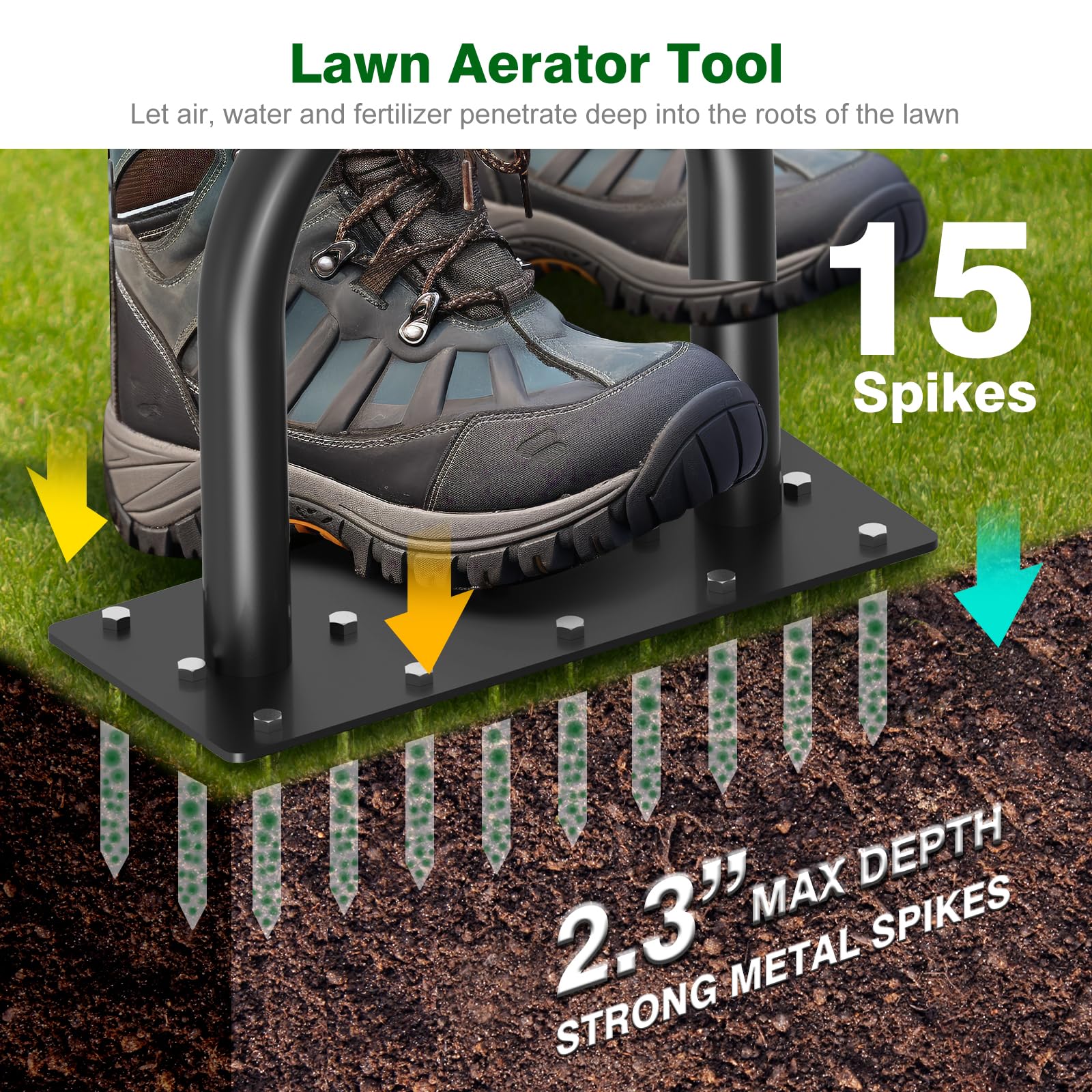 Coopvivi close-up of steel spike prongs demonstrating deep soil penetration benefit