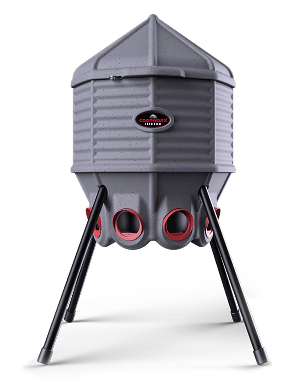 CoopWorx feeder front view showing 8 ports and large capacity benefit