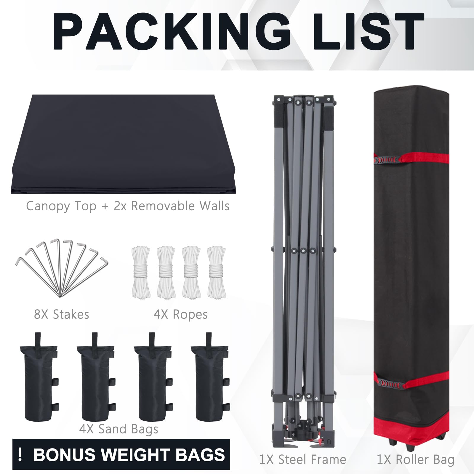 COOSHADE included stakes sand bags and ropes laid out for secure anchoring