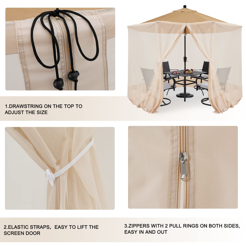 COOSHADE net next to table showing fit for 9–11ft umbrella and scale