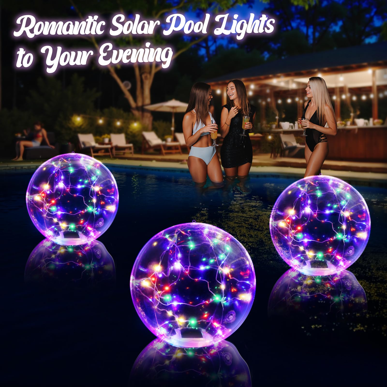 Cootway floating pool lights at night creating ambient poolside lighting