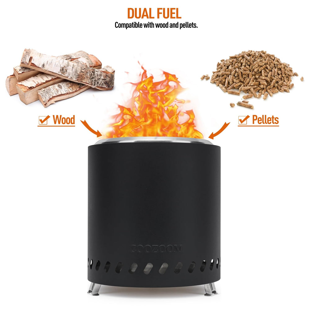 COOZOOM double-wall ventilation detail illustrating 360-degree airflow and cleaner burn