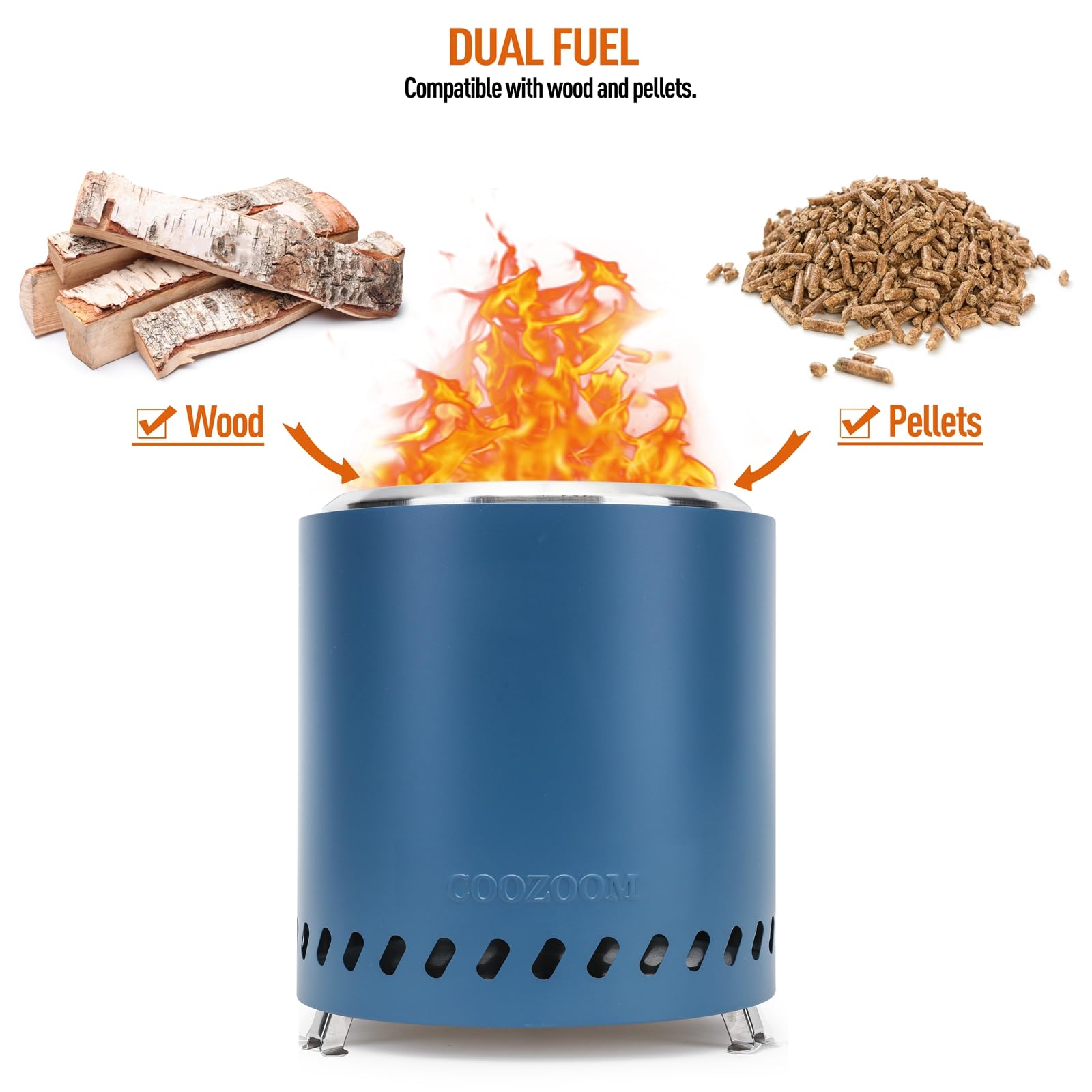 COOZOOM double-wall venting detail highlighting airflow for cleaner, low-smoke burn