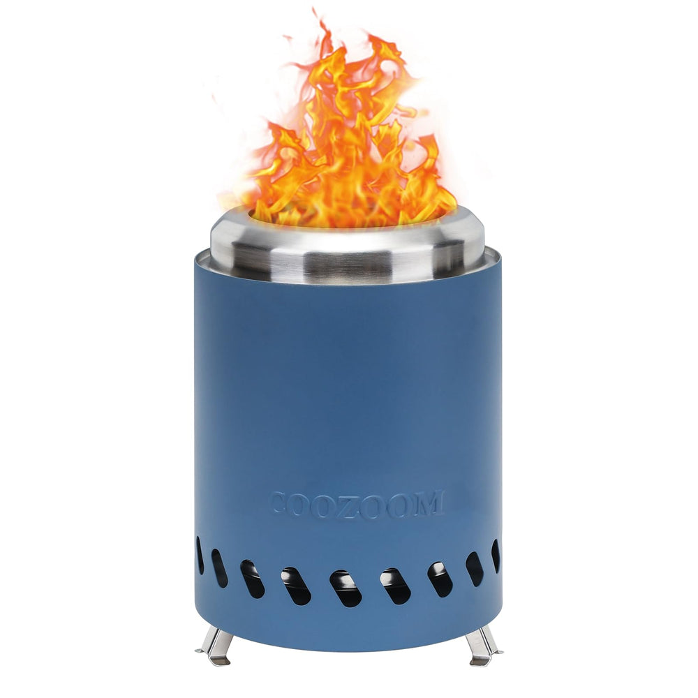 COOZOOM front view on table showing compact stainless-steel fire pit and bright flame benefit