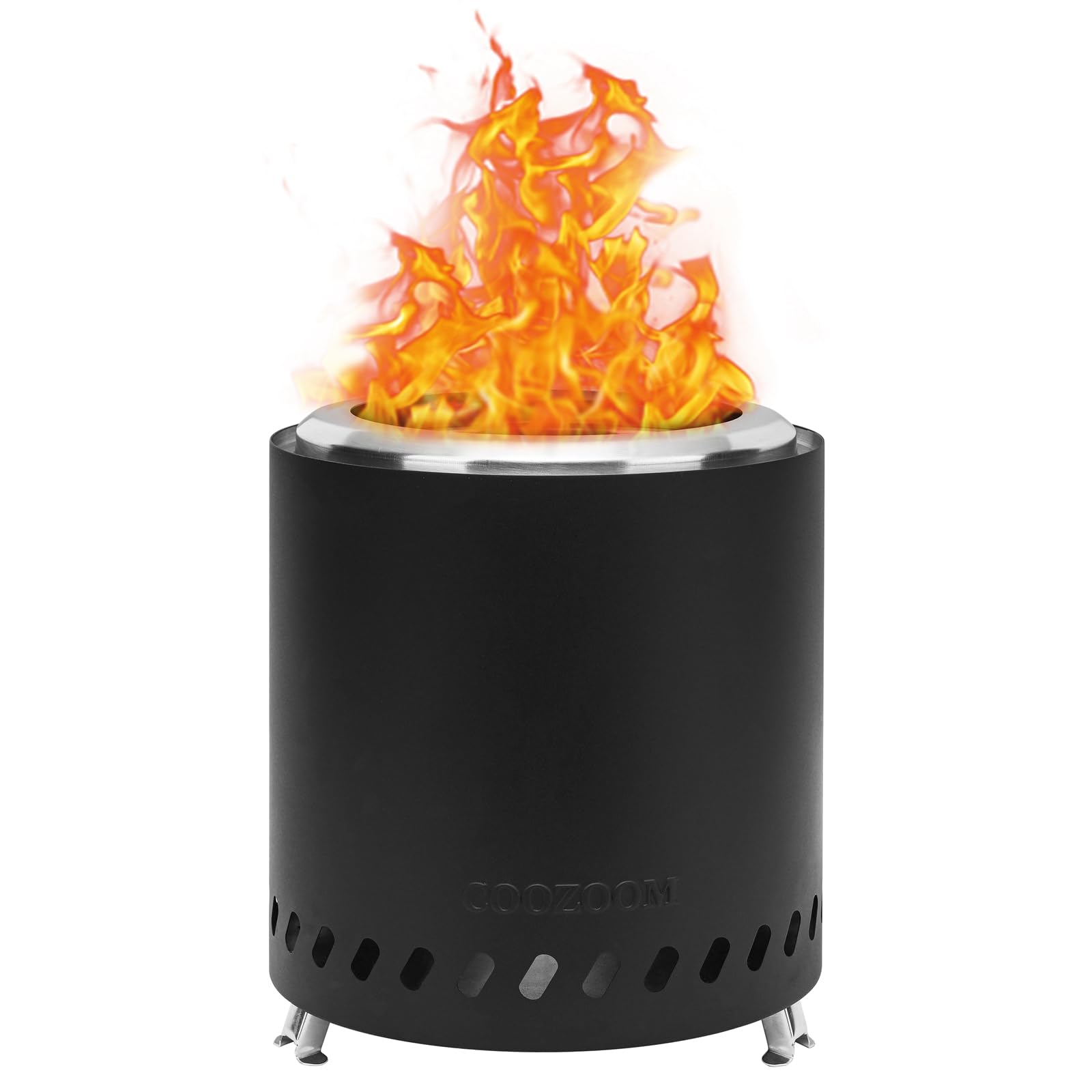 COOZOOM front view showing compact tabletop firepit and sturdy legs for safe elevation