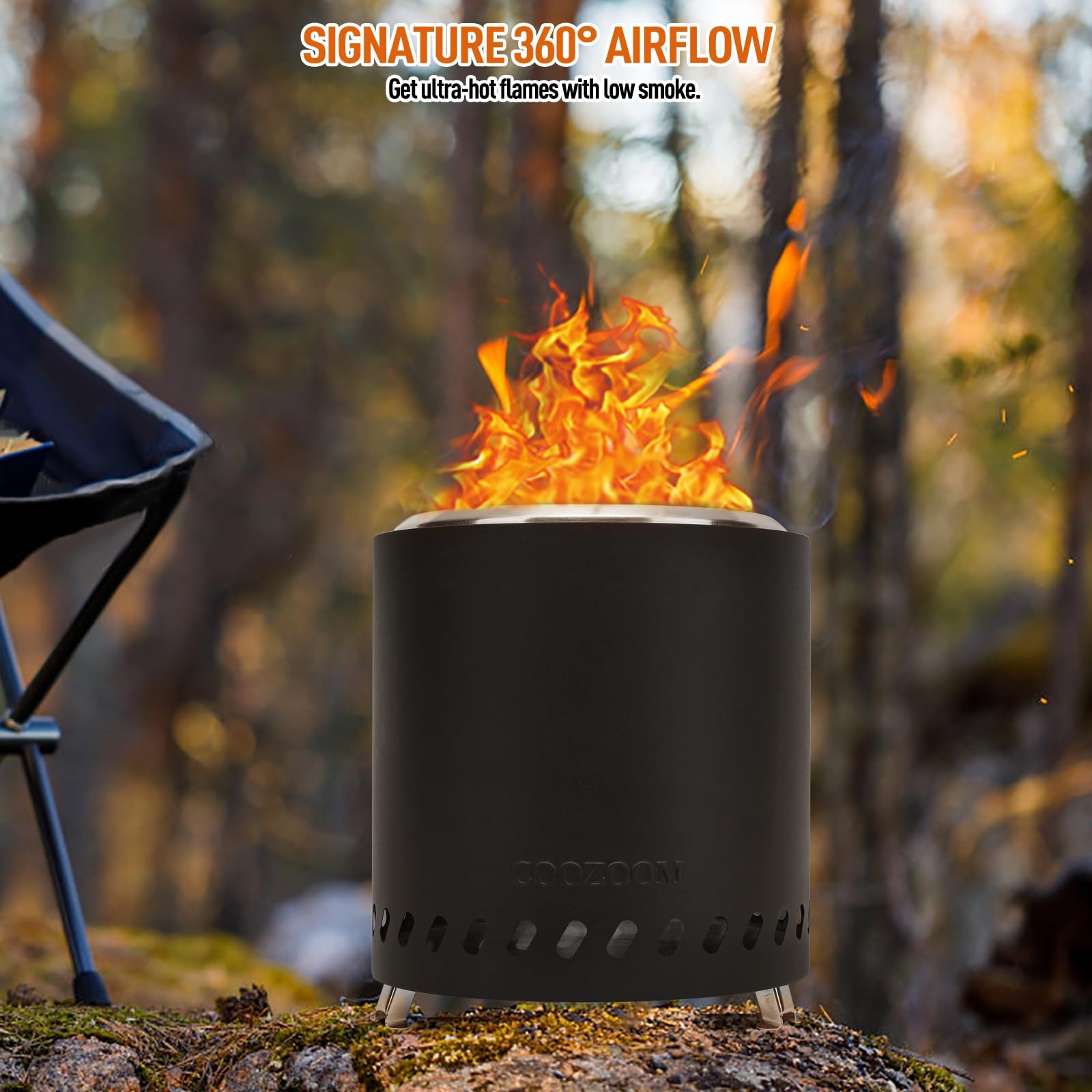 COOZOOM in use at campsite creating cozy low-smoke ambiance for outdoor gatherings