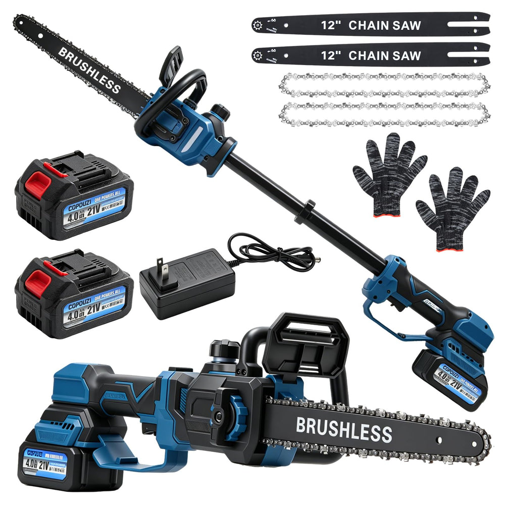 COPDUZI front view showing compact chainsaw and 12-inch bar, clear product layout and features