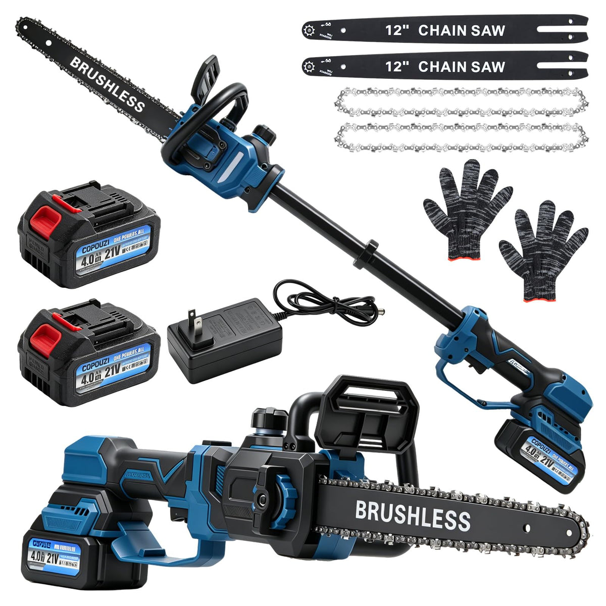 COPDUZI front view showing compact chainsaw and 12-inch bar, clear product layout and features