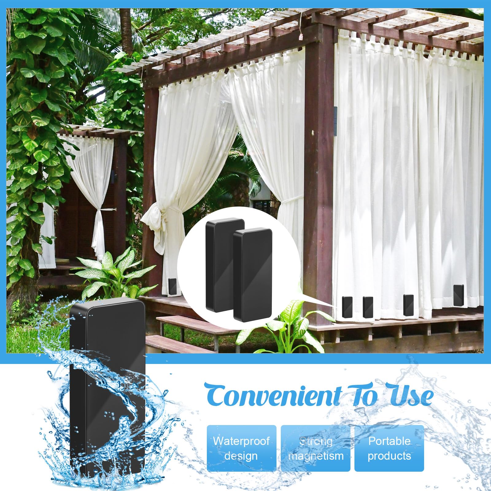 Copkim in use on patio curtain illustrating wind prevention and neat drape