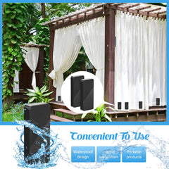 Copkim in use on patio curtain illustrating wind prevention and neat drape