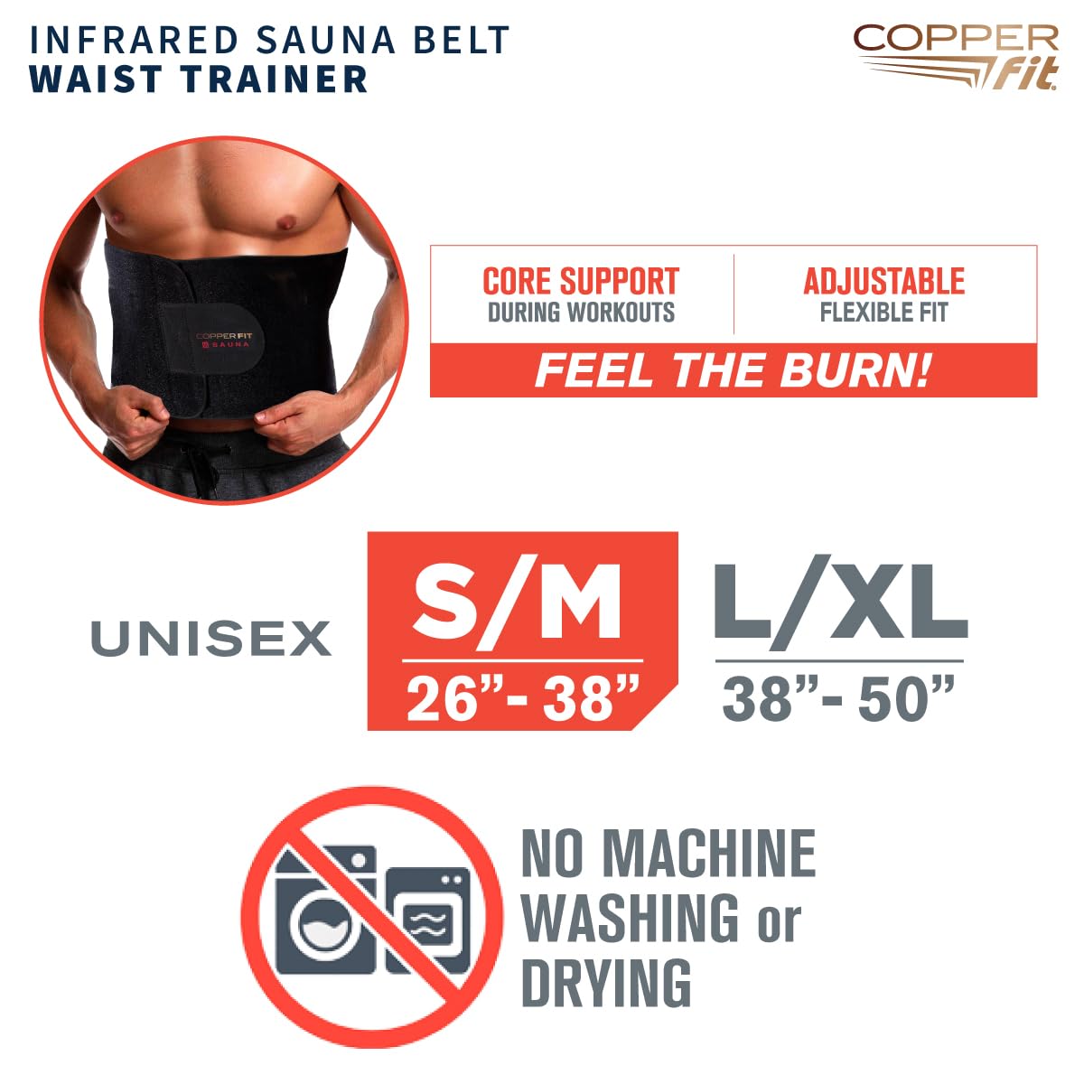 Person wearing Copper Fit belt during workout increasing midsection sweat