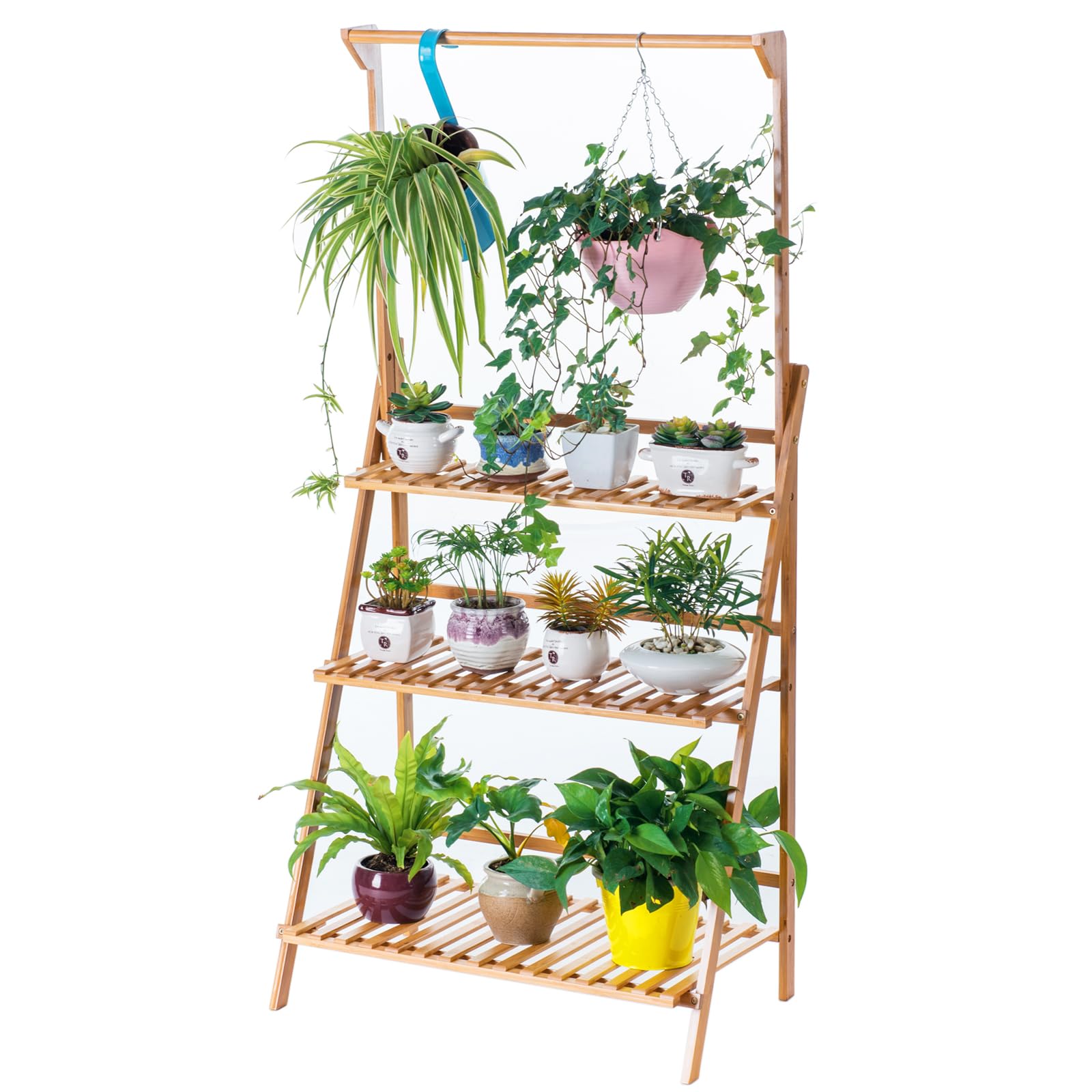 COPREE front view of 3-tier hanging bamboo plant stand showing neat display benefit