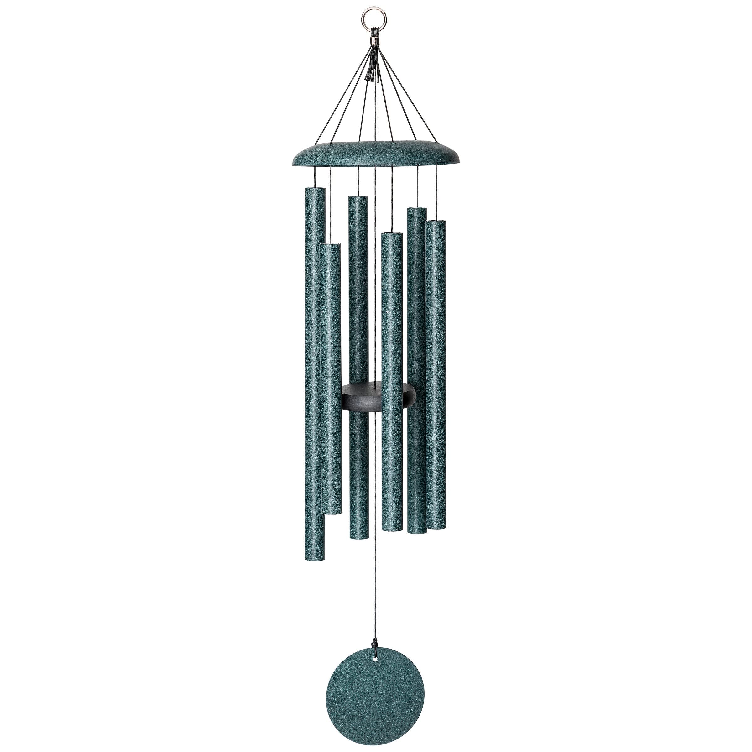 Corinthian Bells 36-inch green chime hanging in garden, brings calming musical ambiance
