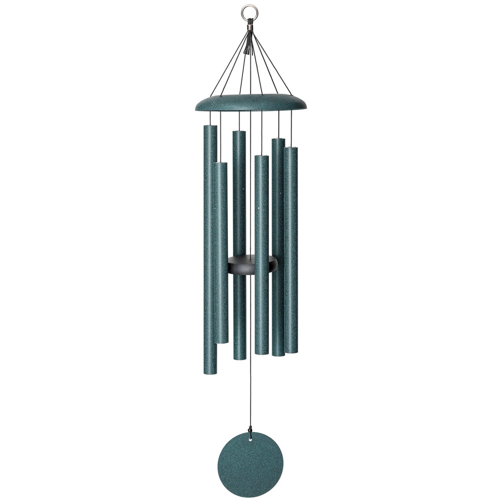 Corinthian Bells 36-inch green chime hanging in garden, brings calming musical ambiance
