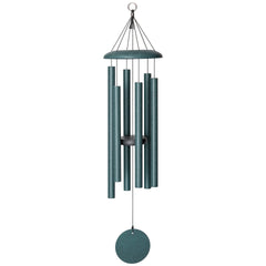 Corinthian Bells 36-inch green chime hanging in garden, brings calming musical ambiance
