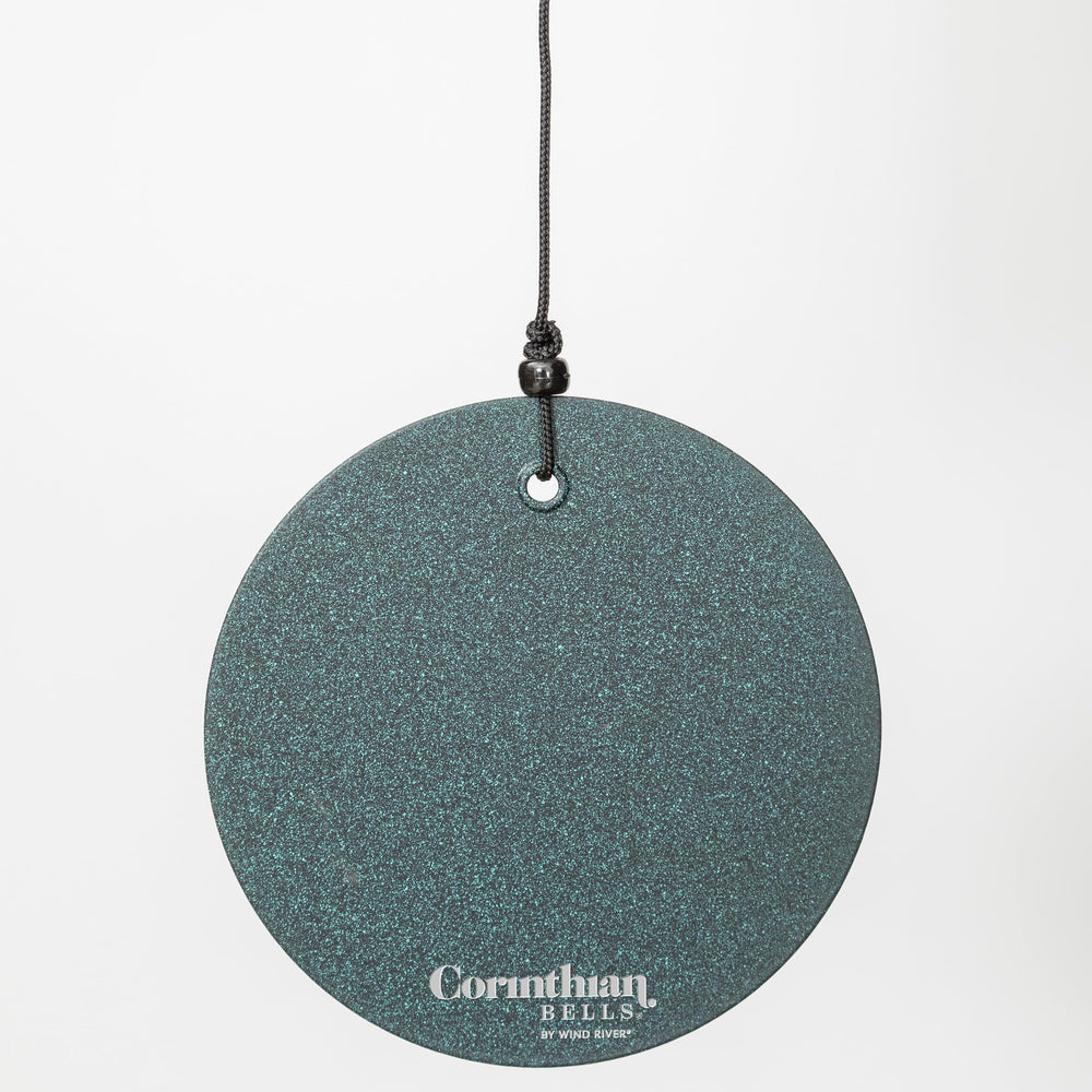 Corinthian Bells brand label and green finish showing handcrafted quality and natural look