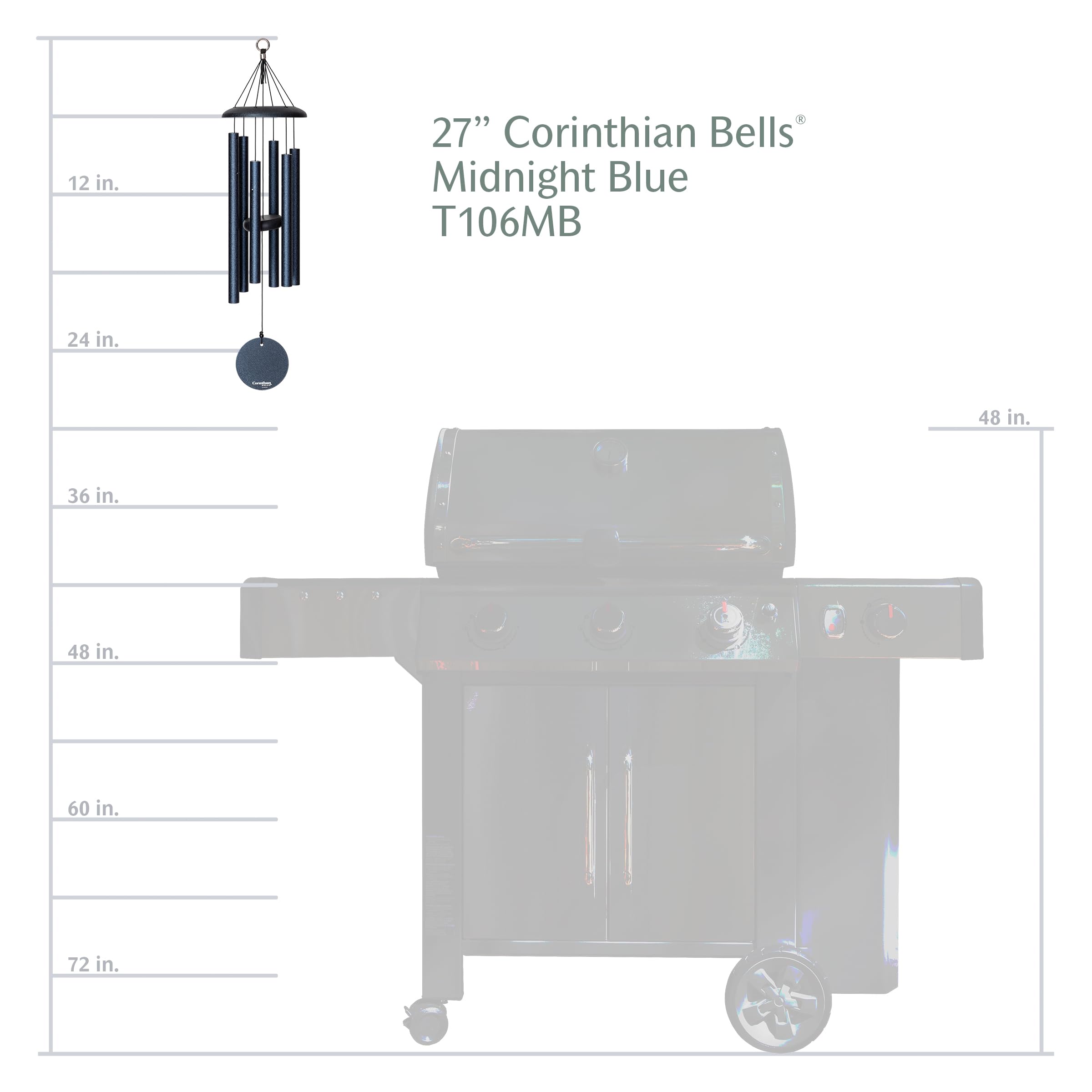 Corinthian Bells beside a hand for scale showing compact 27-inch size and space-saving benefit