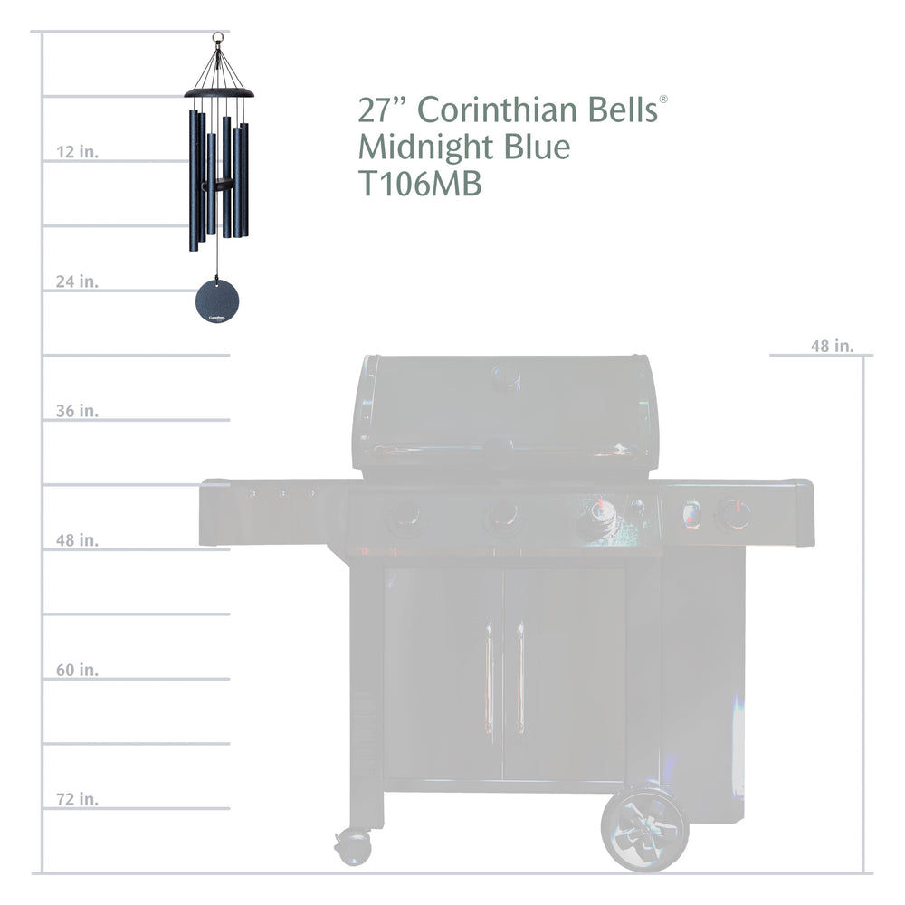 Corinthian Bells beside a hand for scale showing compact 27-inch size and space-saving benefit