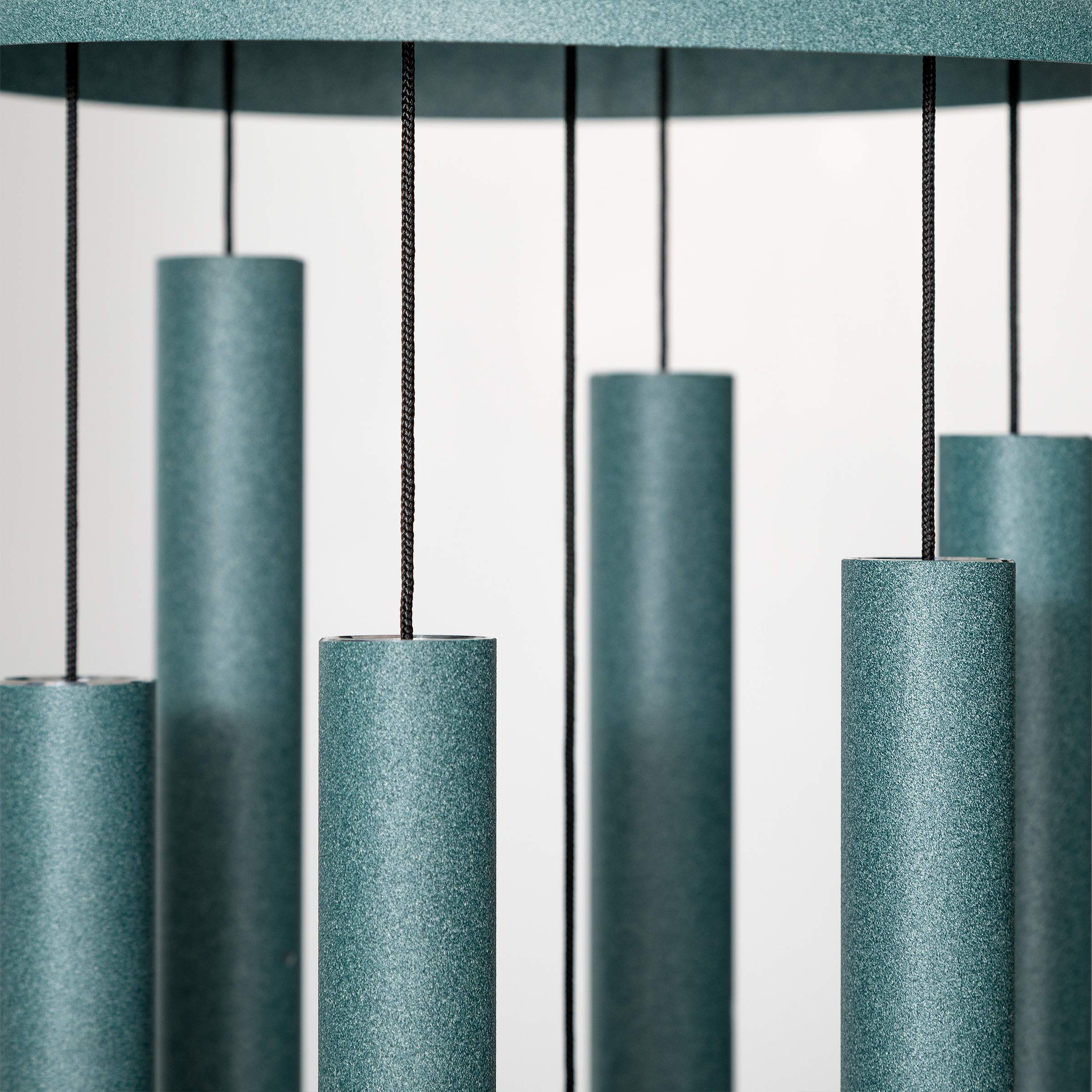 Corinthian Bells patina green close-up of aluminum tubes highlighting tuned clarity