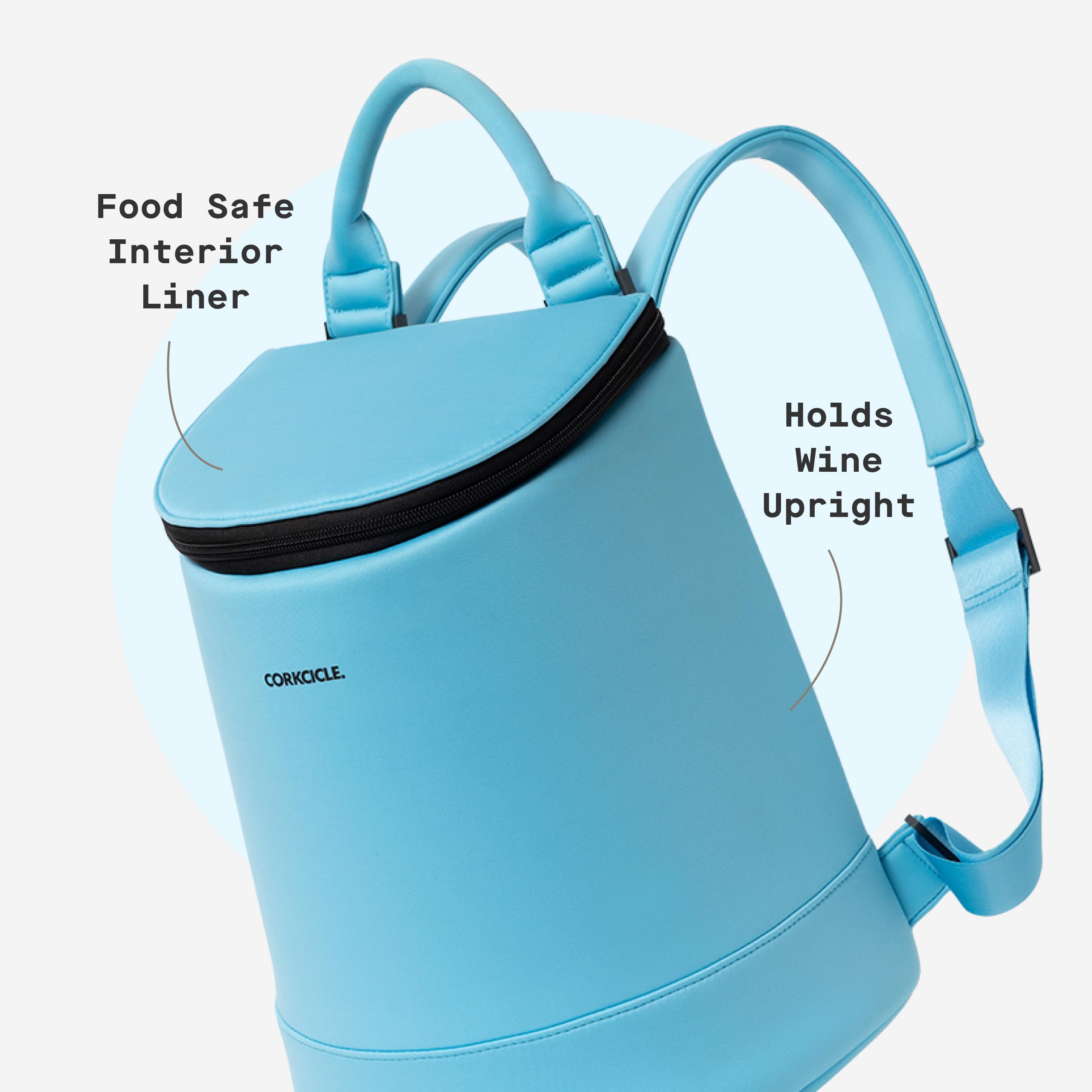 Corkcicle EOLA interior holding wine bottles and cans to show beverage capacity and upright storage