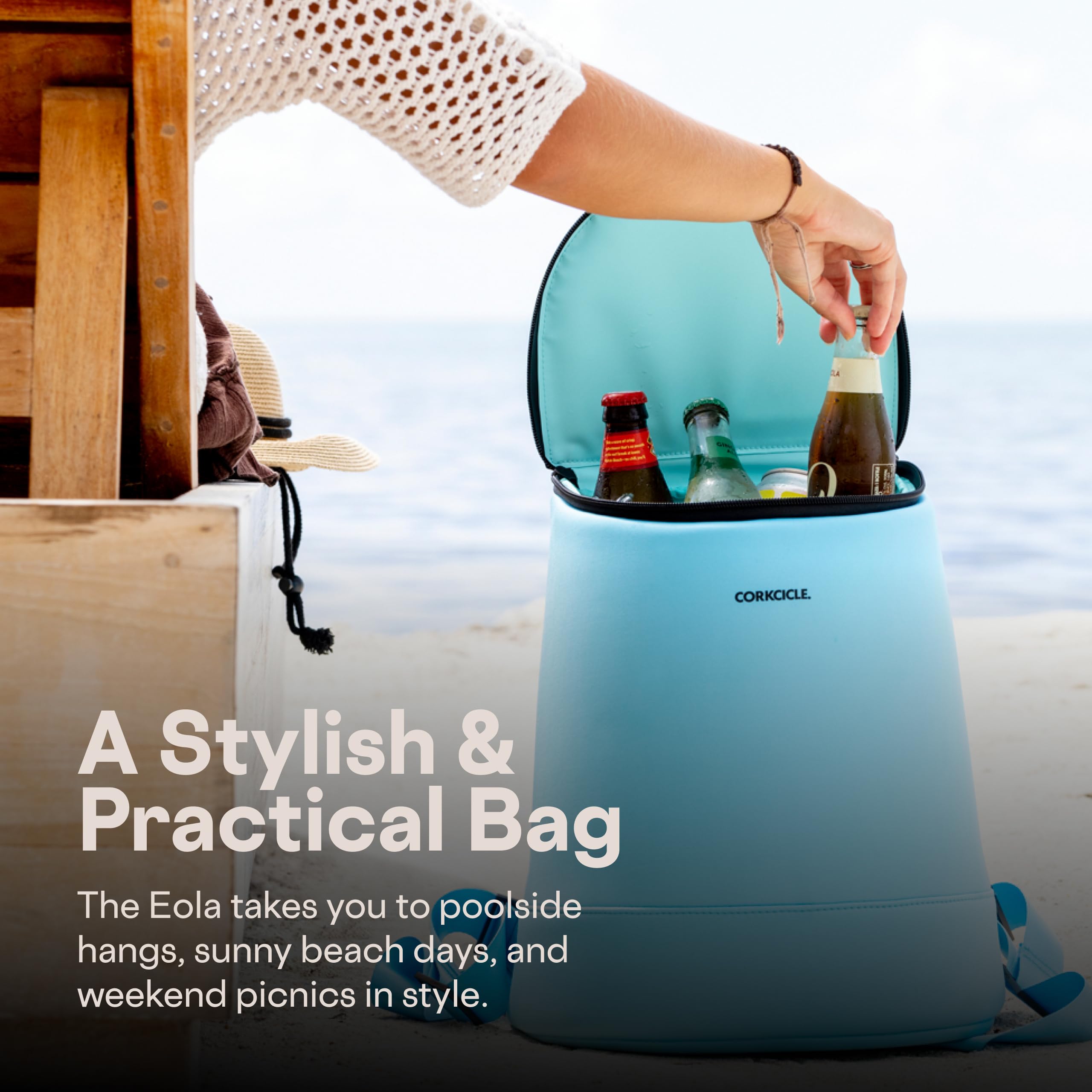 Corkcicle EOLA on a beach picnic illustrating stylish utility and cold beverage convenience