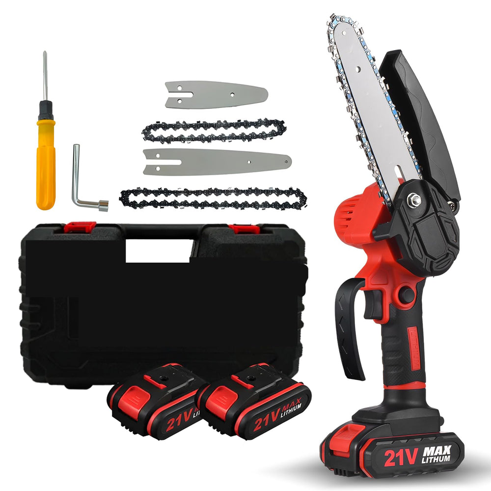 Cornesty front view of red mini chainsaw showing compact design and portability