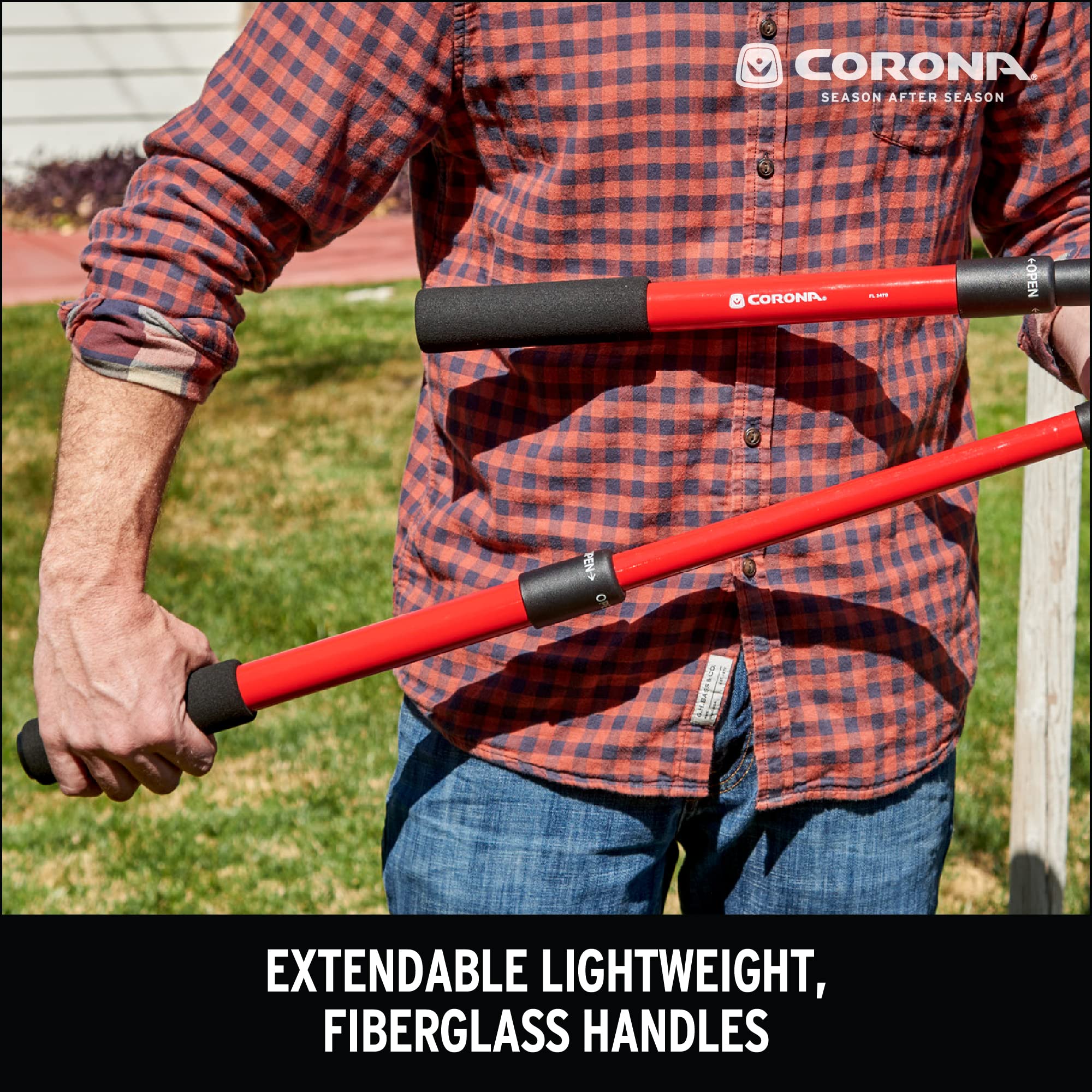 Corona Clipper extended handles demonstrating 21 to 33 inch reach, extra leverage benefit